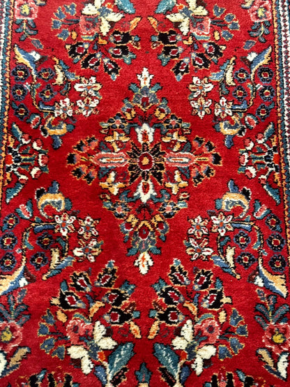 Persian Sarouk Runner Rug 3x12 Vintage Wool Red Floral Design