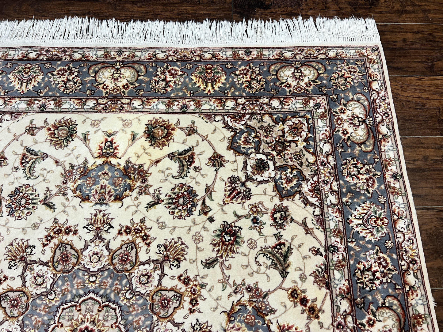 Sino Persian Square Rug 5x5 Hand Knotted Wool Silk Ivory Vintage Oriental Carpet