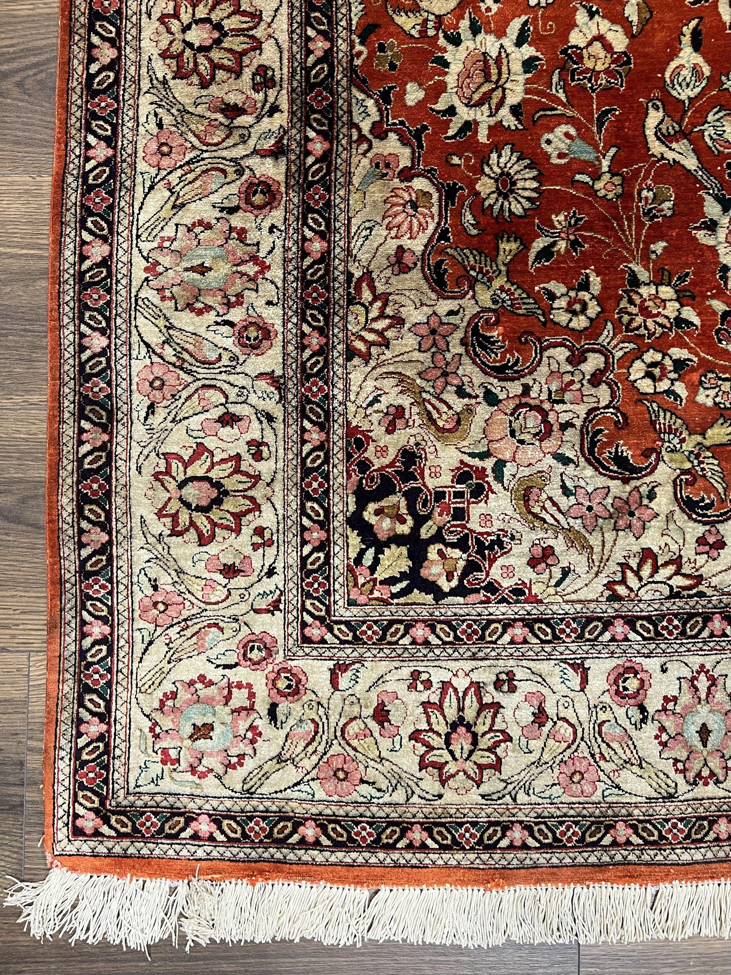 Persian Qum Silk Rug 5x7 Floral Medallion Birds Orange Red Hand Knotted