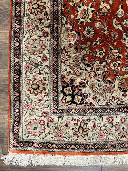 Persian Qum Silk Rug 5x7 Floral Medallion Birds Orange Red Hand Knotted