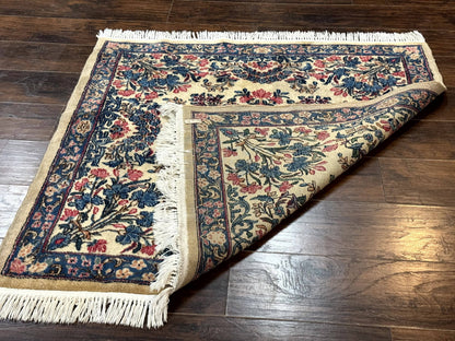 Persian Kerman Rug 4x4 Square Ivory Blue Pink Handmade 225 KPSI