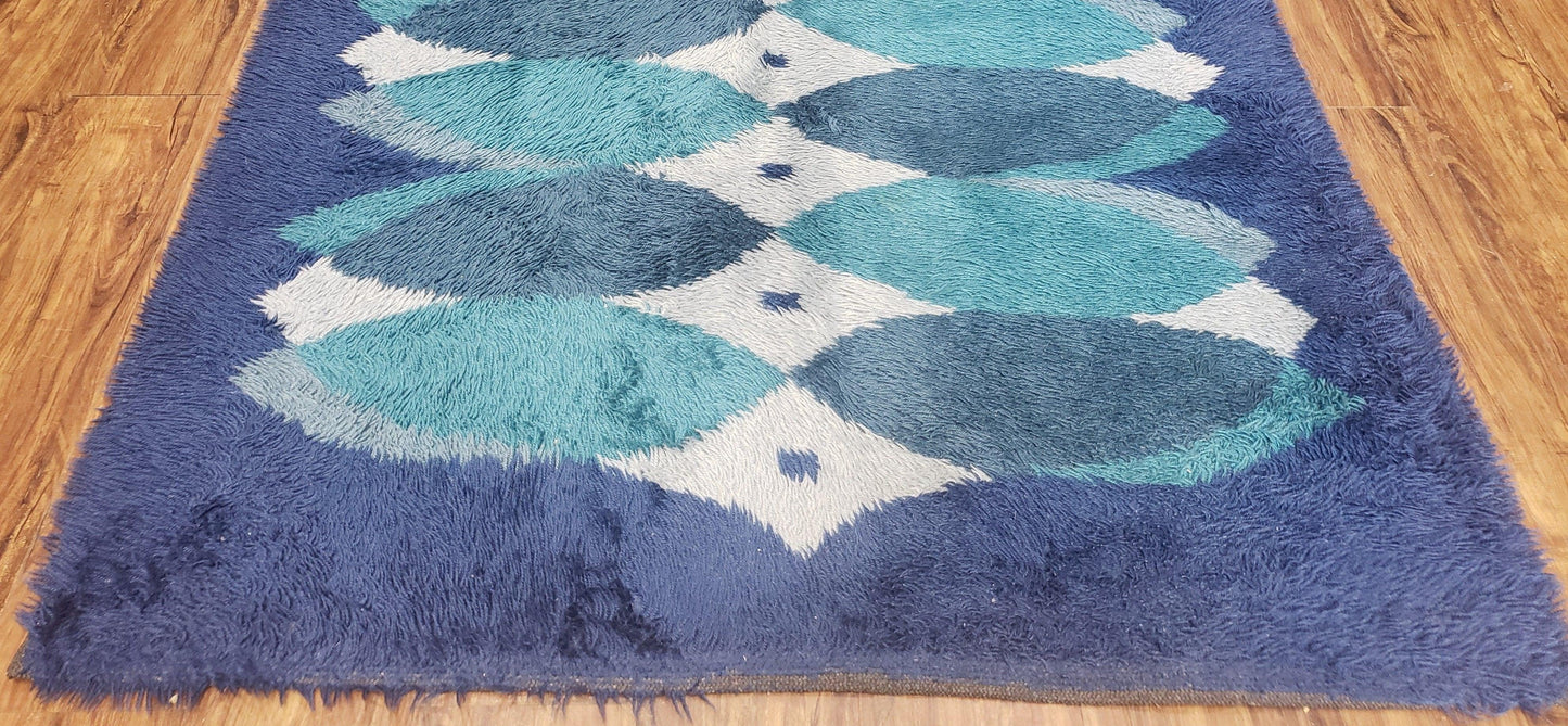 Blue Rya Rug Mid Century Danish Shag Wool Abstract Modern Rug 4 Foot 6 Inch By 6 Foot 7 Inch