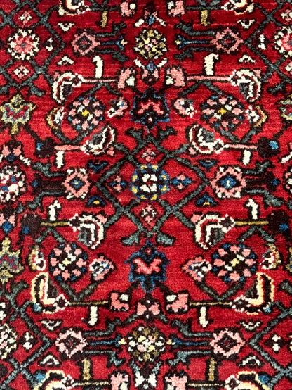 Red Persian Rug Hamadan 4x7 Vintage Wool Village Carpet With Floral Geometric Border