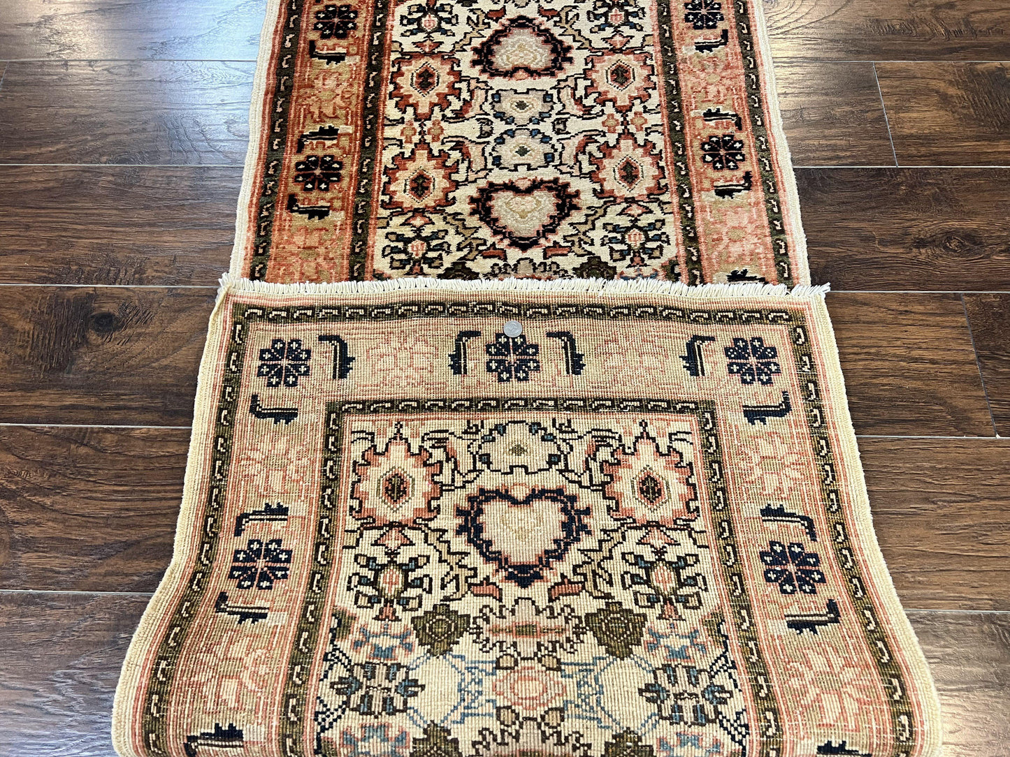 Romanian Wool Runner Rug Hand Knotted 2.6x12.9 Ft Floral Allover Vintage Tan Hallway