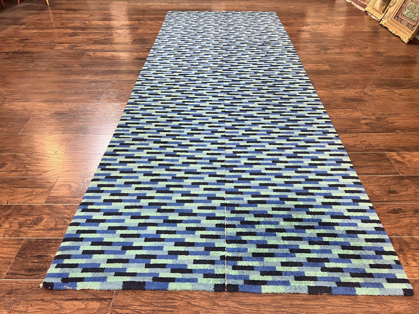Wool Runner Rug Blue Multicolor Mosaic Design 4.7 x 12 Contemporary Power Loomed