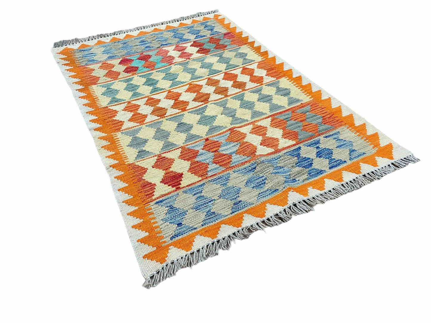 Chobi Kilim Rug 3x4 Colorful Diamond Pattern Turkish Wool Flatweave Handmade