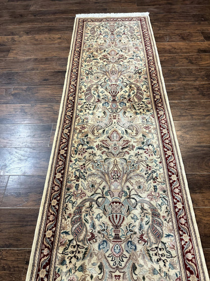 Pakistani Runner Rug 2.8 x 14 Handmade Wool Cream Floral Hallway Accent