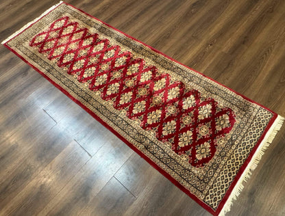 Pakistani Runner Rug 2.8x7.6 Red Turkoman Bokhara Runner Vintage Hand Knotted Wool