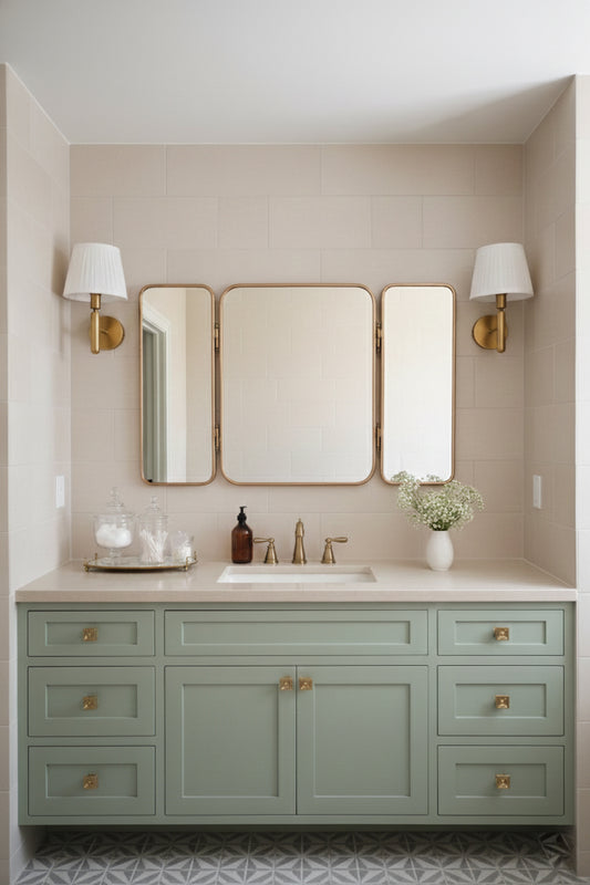 Classic foldable brass mirror mounted above a sage green bathroom vanity with sconces