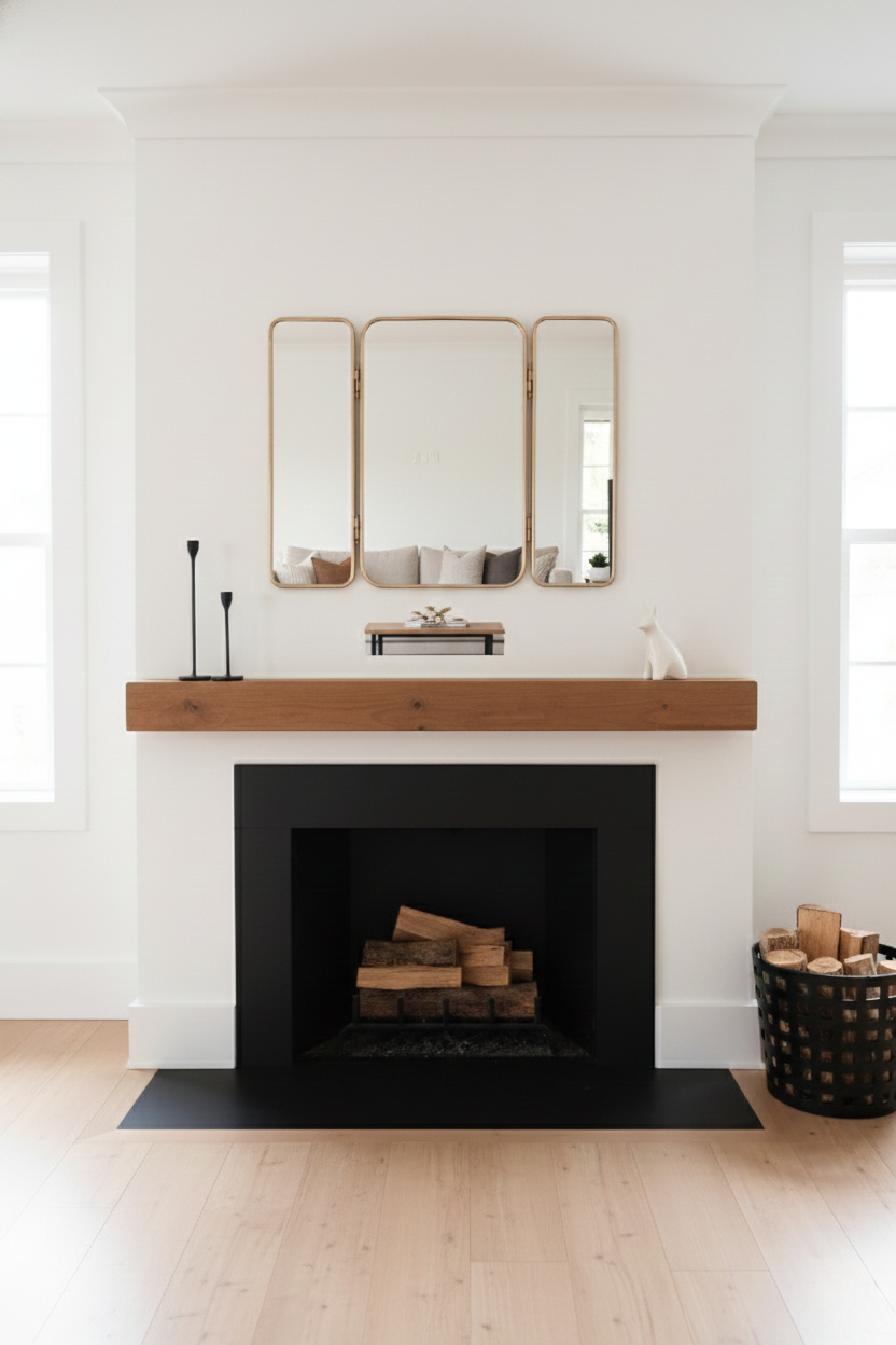 Foldable brass three-panel wall mirror styled above a modern fireplace with wood mantel