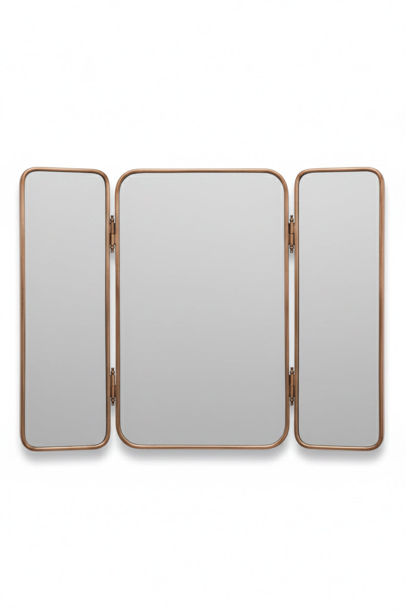 Bronze foldable three-panel mirror with rounded corners displayed on a white background.