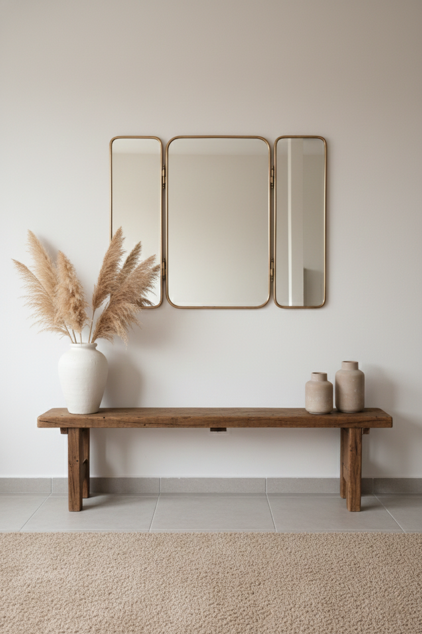 Foldable brass mirror styled in an entryway above a rustic wooden bench with vases