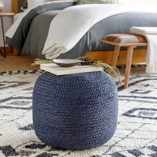 Gail Navy Jute Knitted Pouf For Cozy Living Rooms