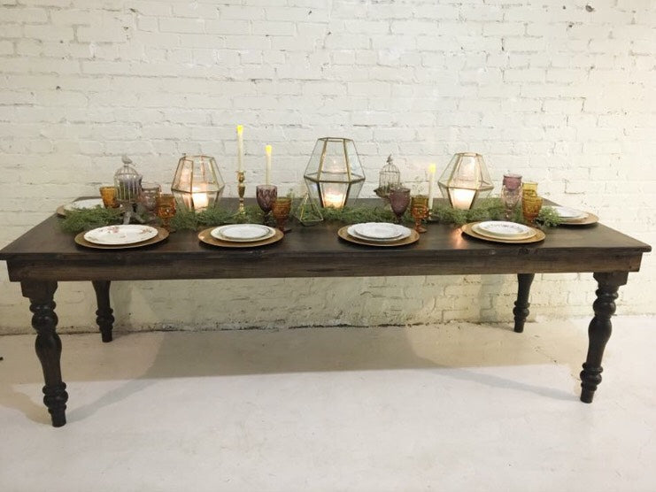 Thick Spindle Farmhouse Dining Table Handmade Custom Built Rustic Wood