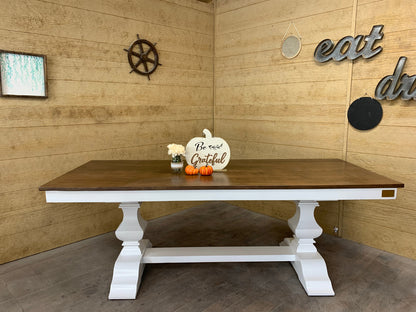 Herringbone Dining Table In Solid Wood With Custom Finish And Distressing Options