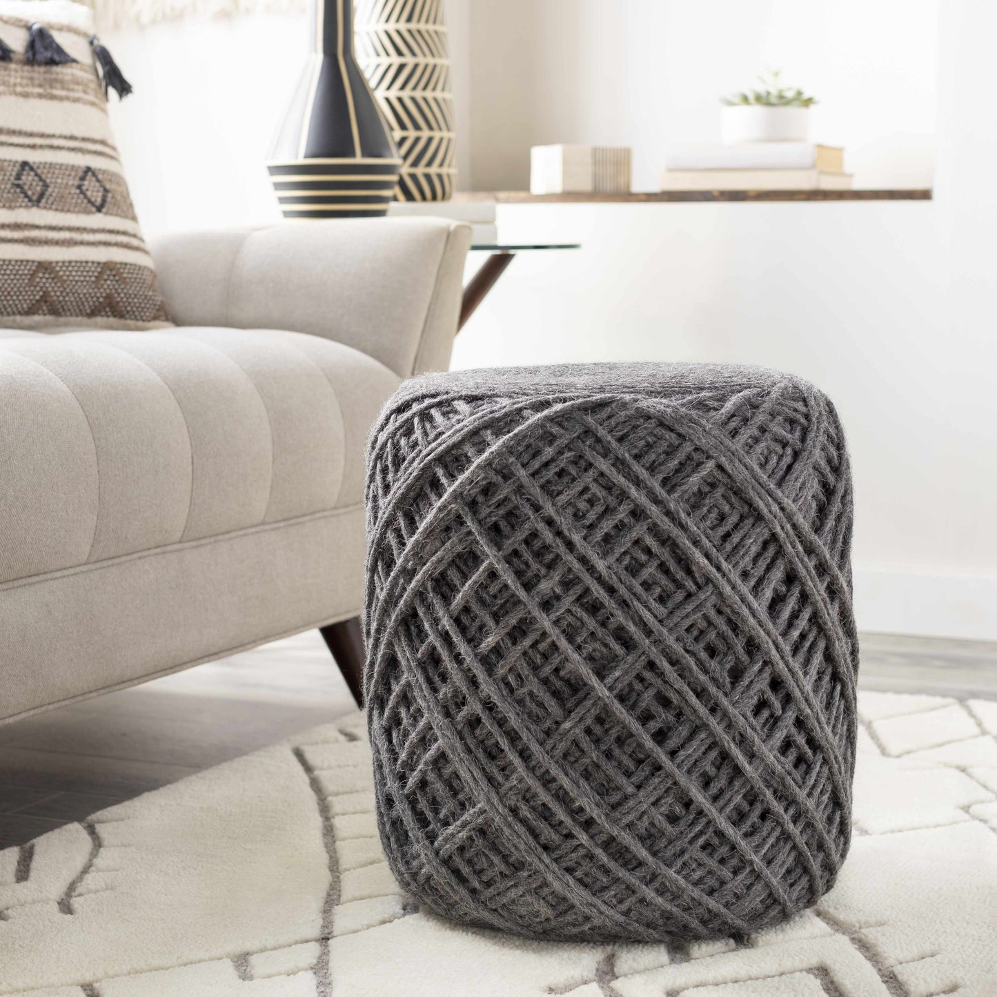 Moapa Charcoal Wool Pouf Hand Woven Accent Seating Stool For Living Rooms And Bedrooms