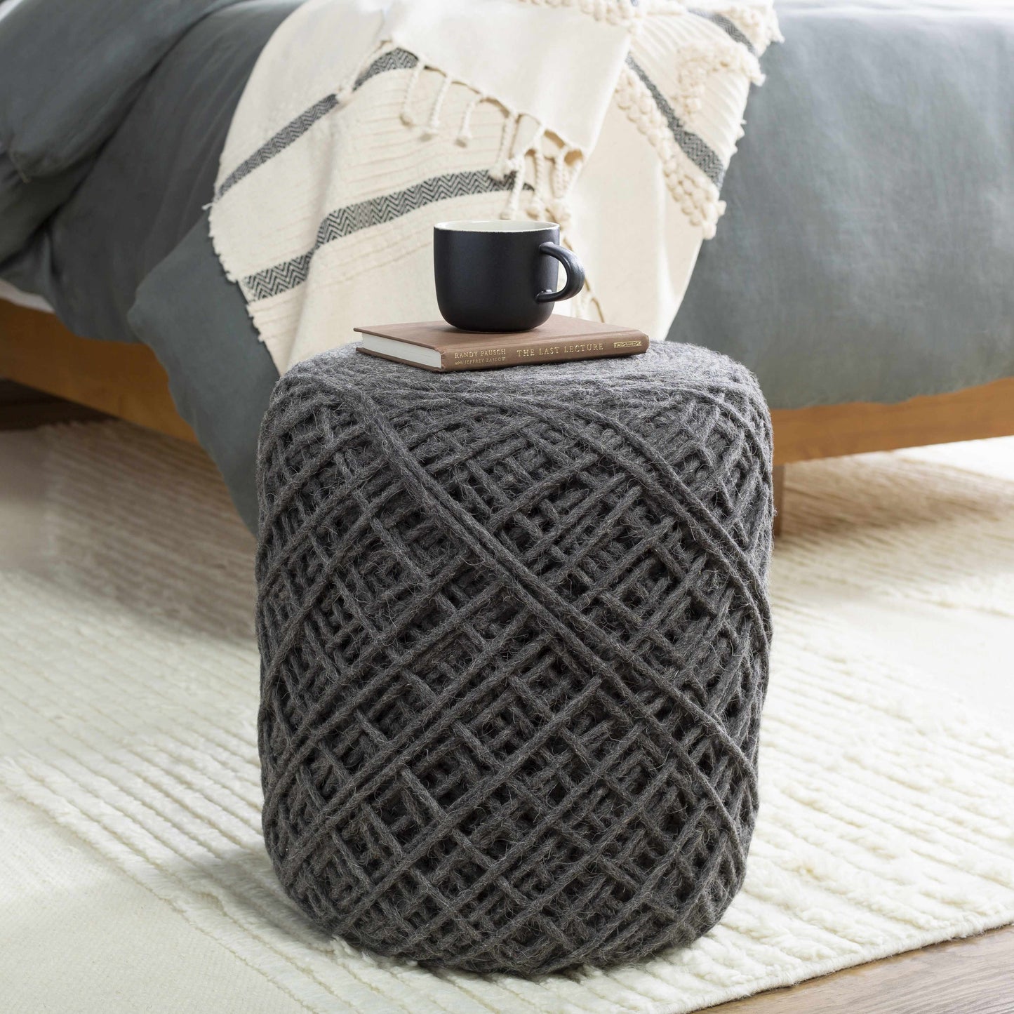 Moapa Charcoal Wool Pouf Hand Woven Accent Seating Stool For Living Rooms And Bedrooms