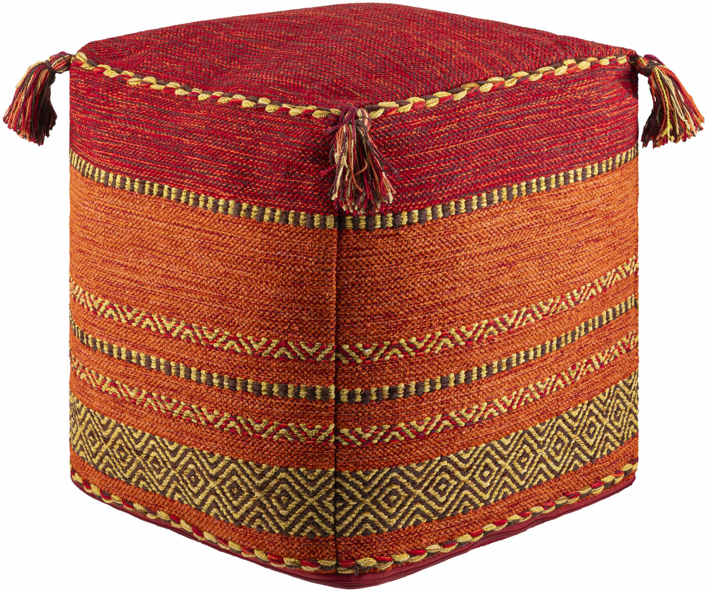 Mainaguri Pouf Bohemian Modern Seating And Accent Piece In Red Rust Mustard Dark Brown Cotton