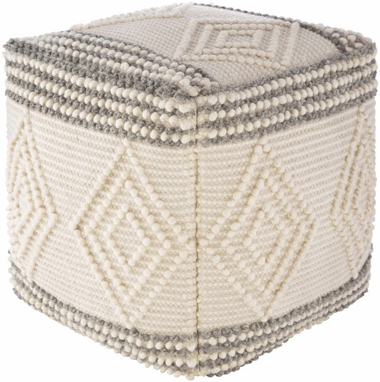 Murgon Cream Wool Pouf Handwoven Accent Seating For Living Rooms Boho Transitional Style