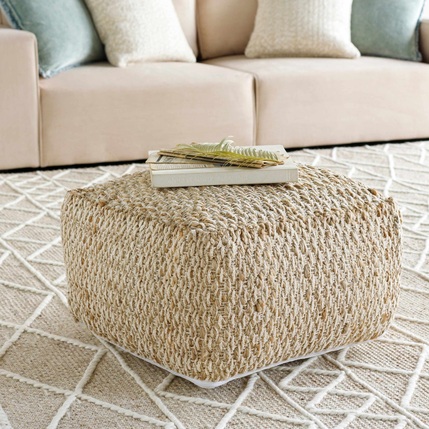 Netcong Tan Jute Pouf Natural Woven Floor Cushion For Sofa Chair