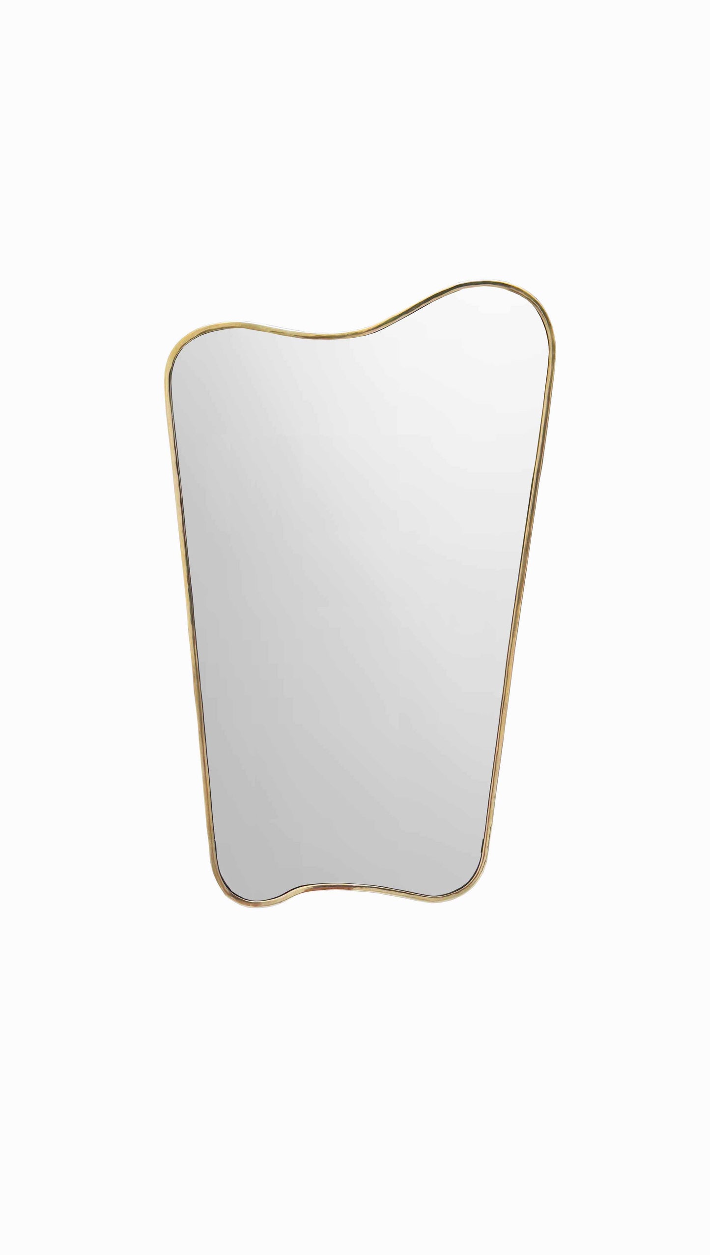 Curved brass mirror with an organic, irregular shape and a slim, unlacquered brass frame on a white background.
