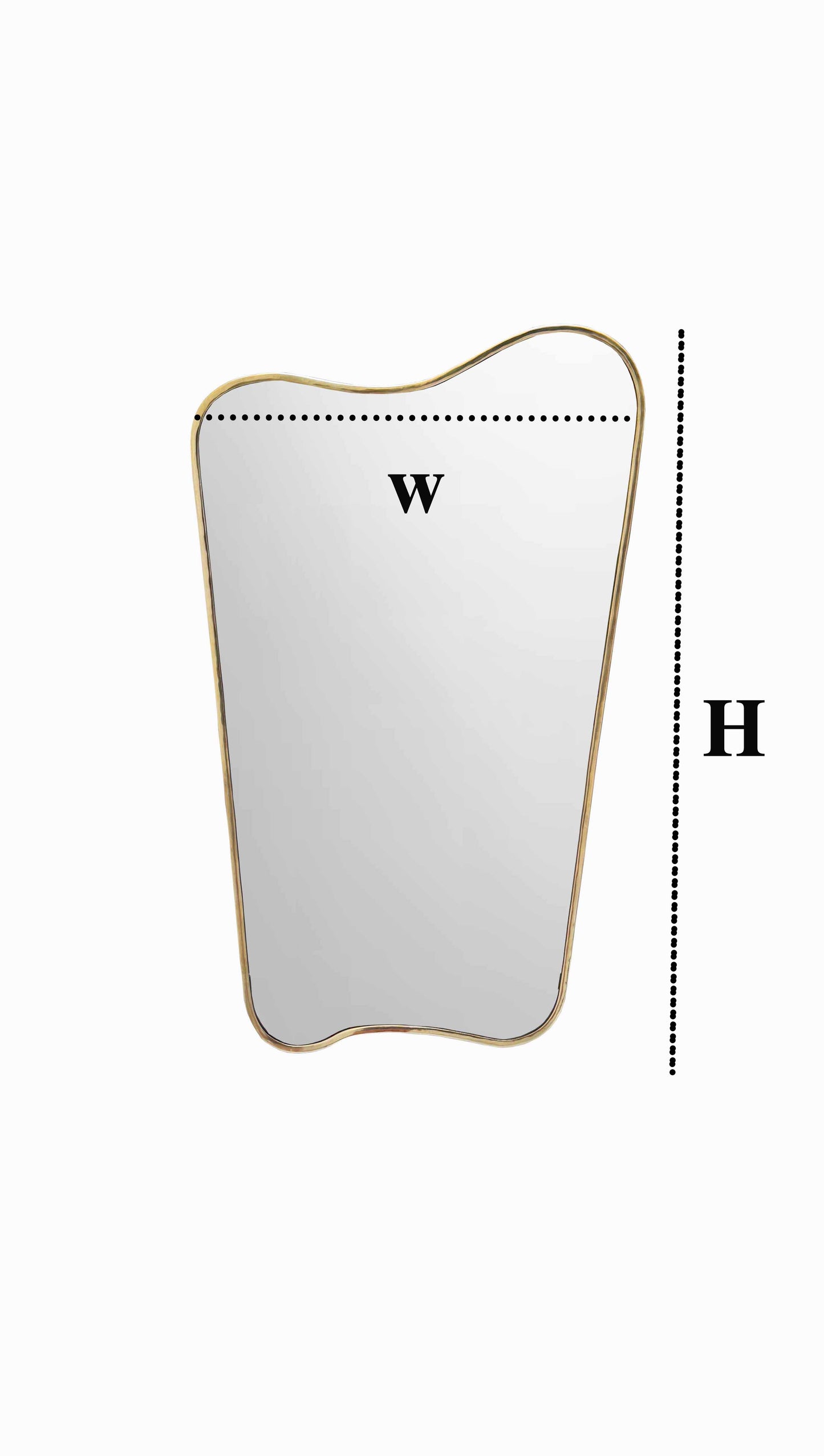 Curved brass mirror with an organic, irregular shape and a slim, unlacquered brass frame on a white background.