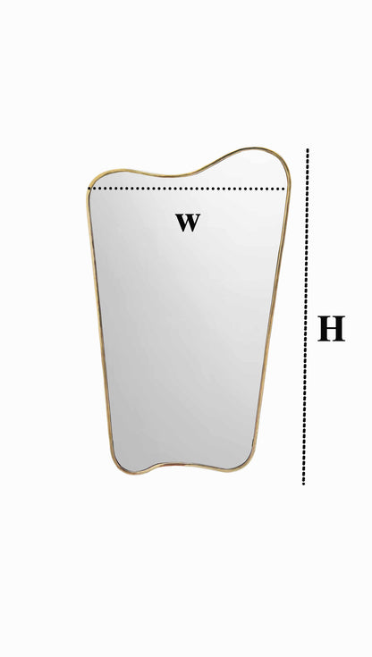 Curved brass mirror with an organic, irregular shape and a slim, unlacquered brass frame on a white background.