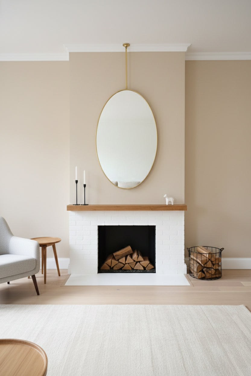 Suspended oval mirror above fireplace mantel