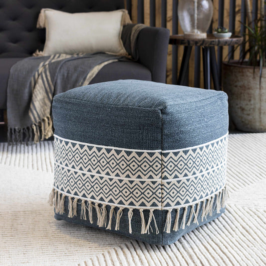 Queenstown Pouf Woven Cotton Blue And Ivory Boho Style Clearance For Cozy Seating