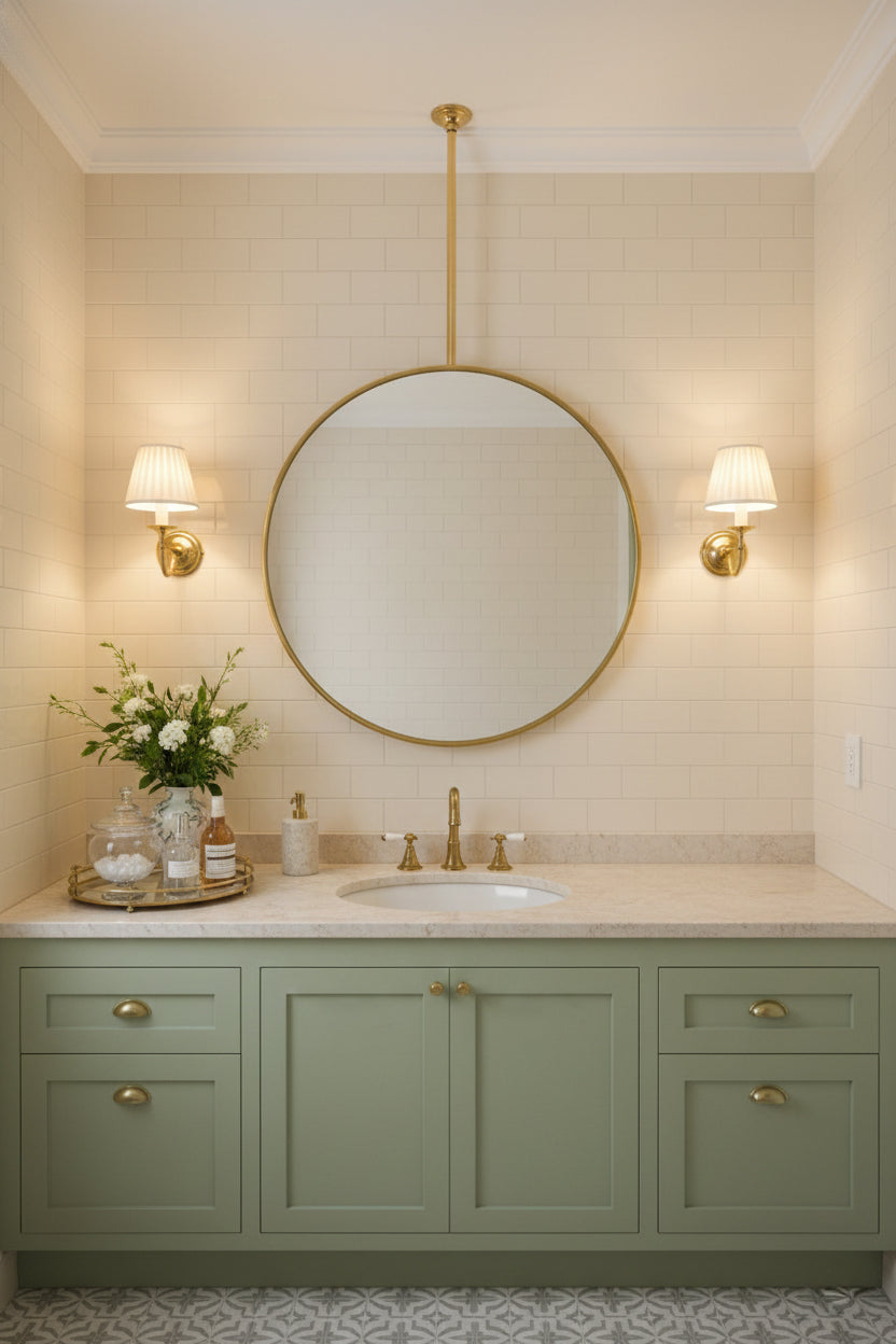 Large round ceiling-mounted brass mirror above green vanity
