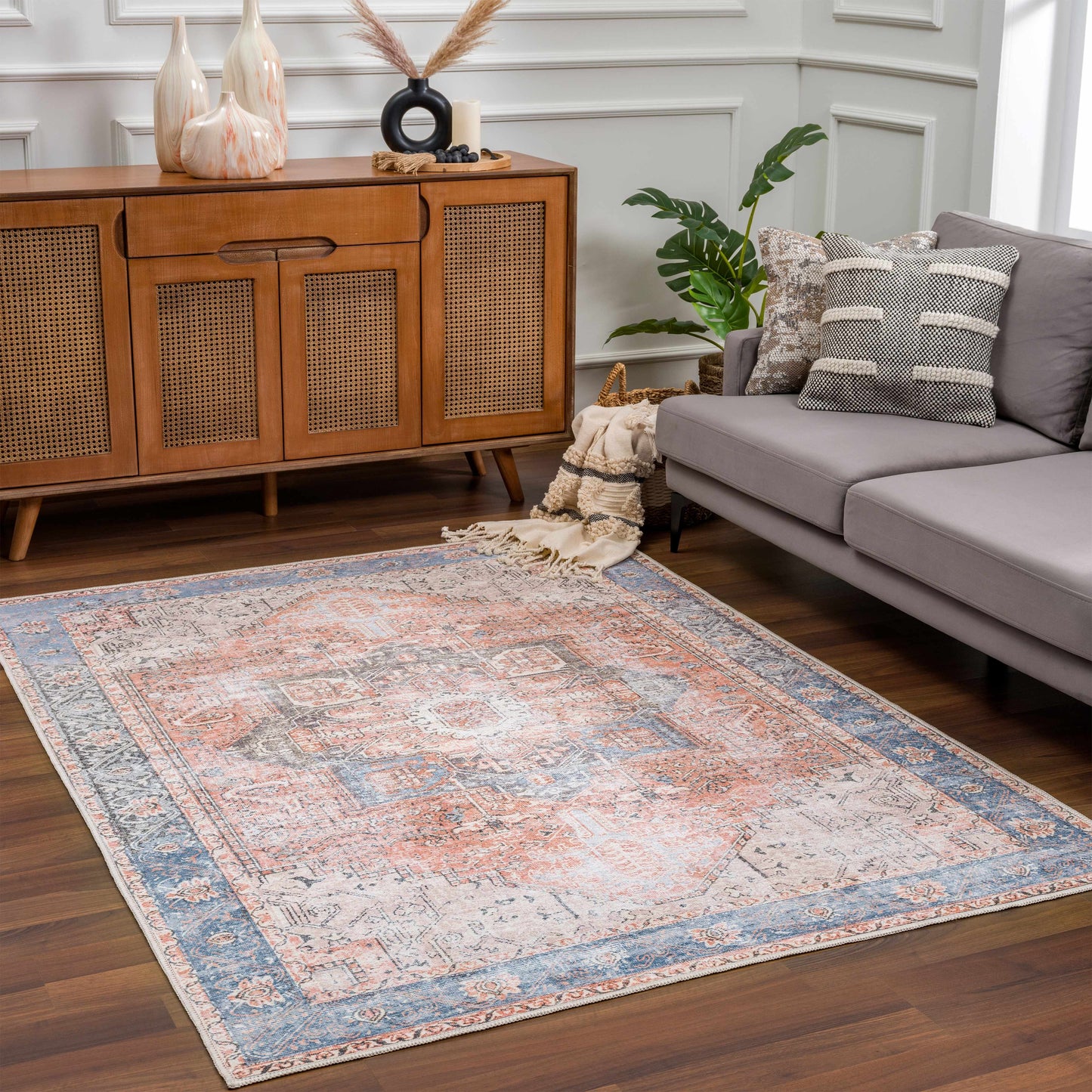 Distressed Washable Area Rug - Stylish Durable Easy to Clean