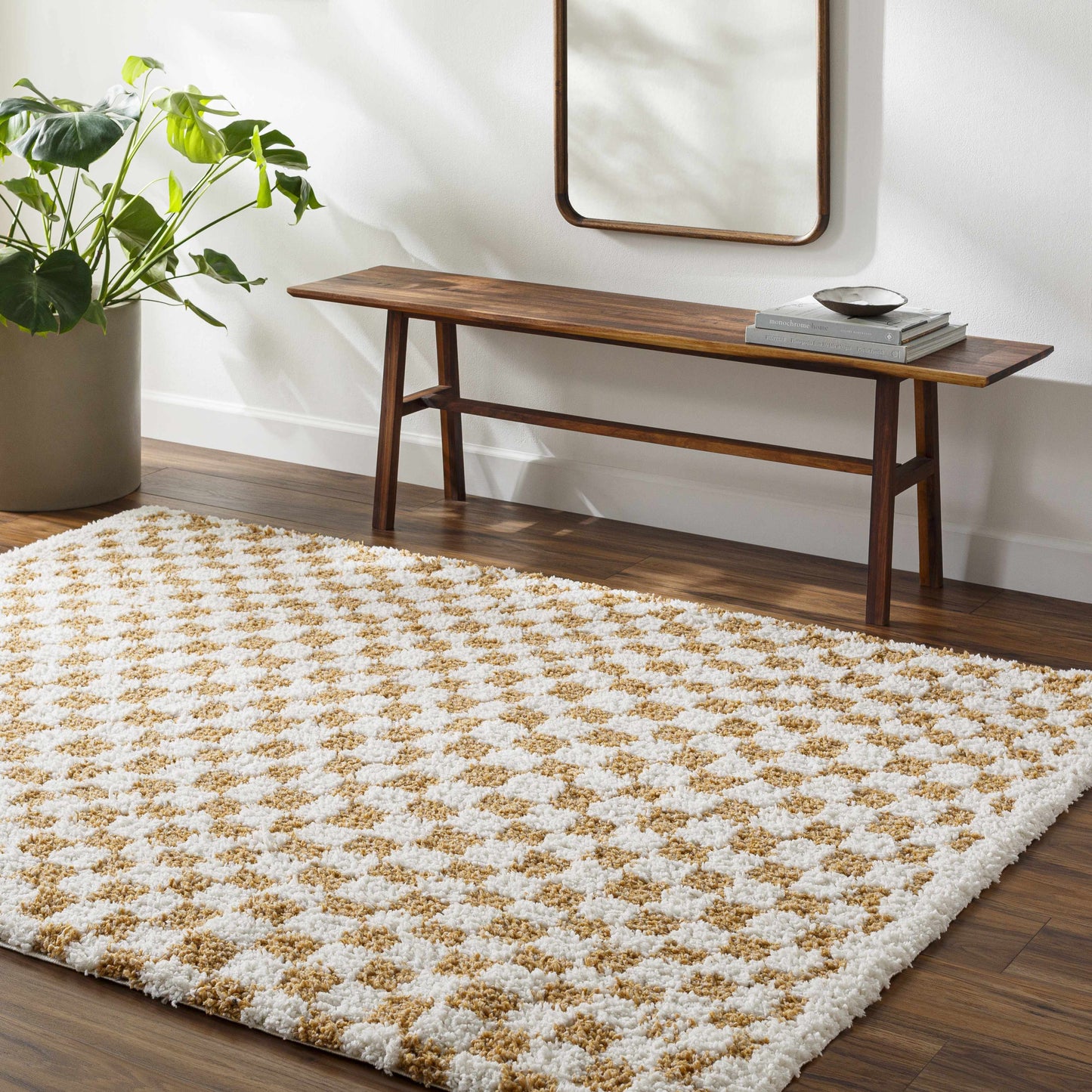 Mustard Ivory Checkered Area Rug - Stylish Home Décor Accent