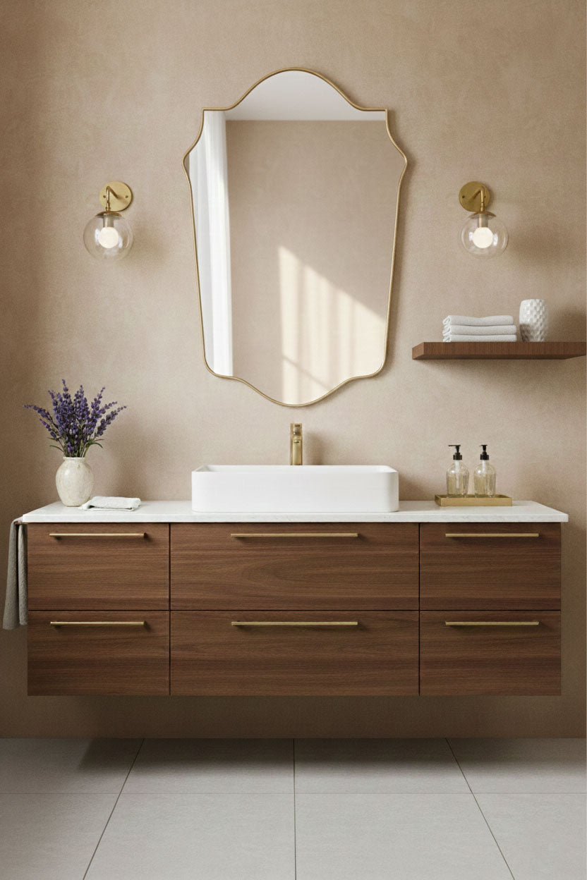  shield brass mirror above modern floating bathroom vanity