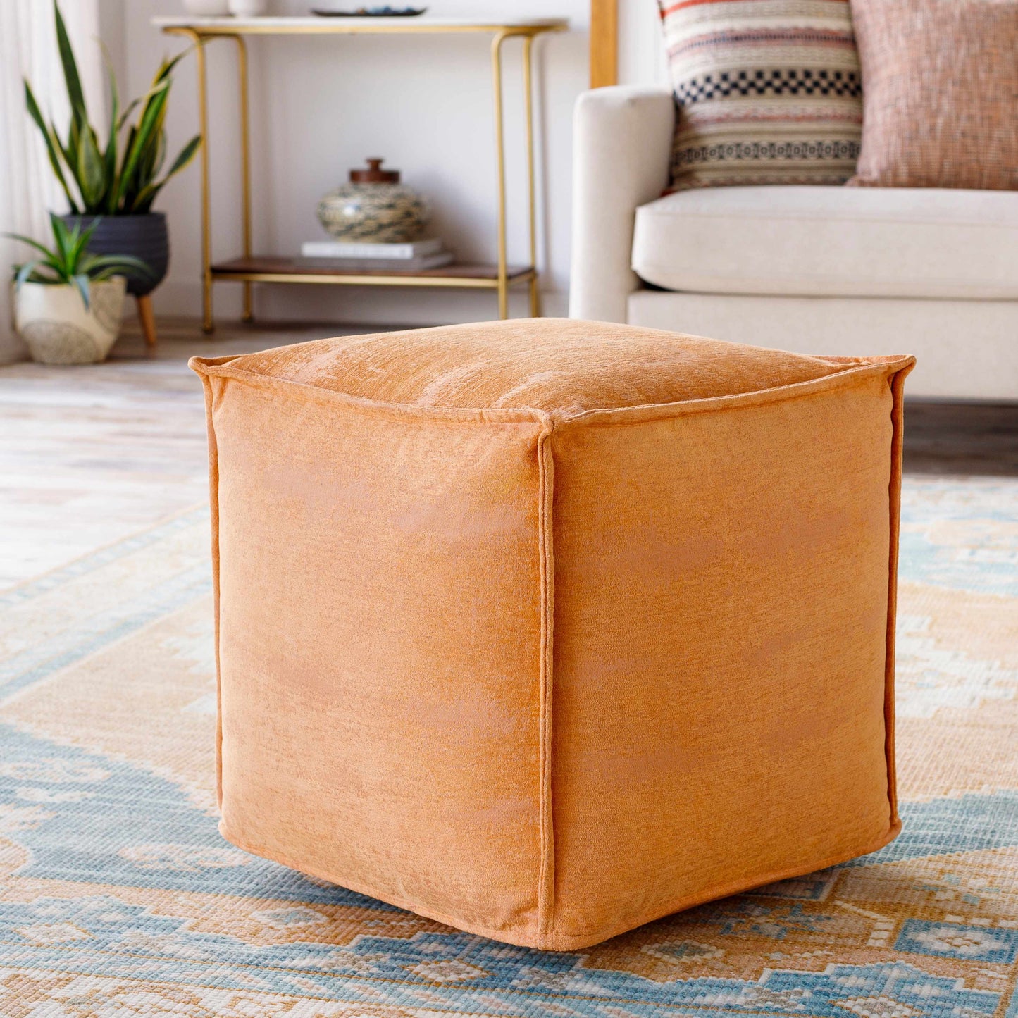 Summersville Pouf Burnt Orange Woven Accent Stool Soft Cotton