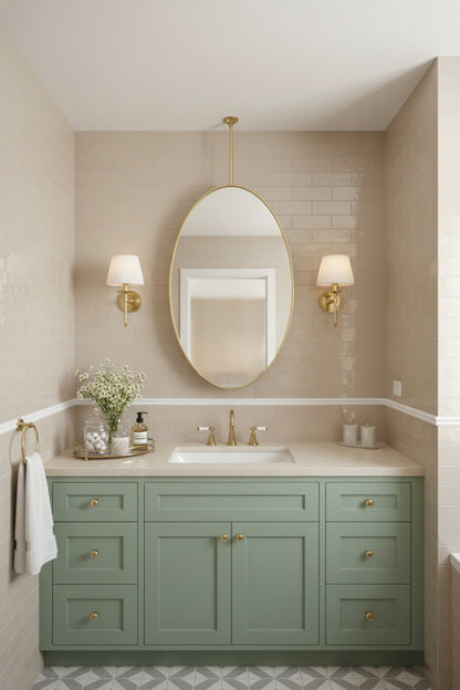 Oval brass suspended mirror above bathroom vanity