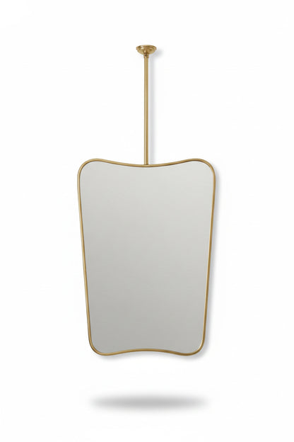 Suspended butterfly brass mirror hanging from ceiling with curved frame