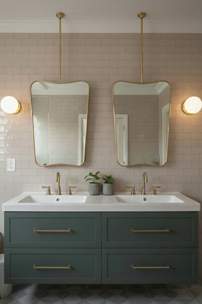 Double bathroom vanity with two suspended butterfly brass mirrors