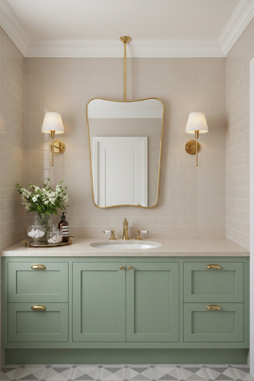 Bathroom with green cabinets and a suspended brass butterfly mirror