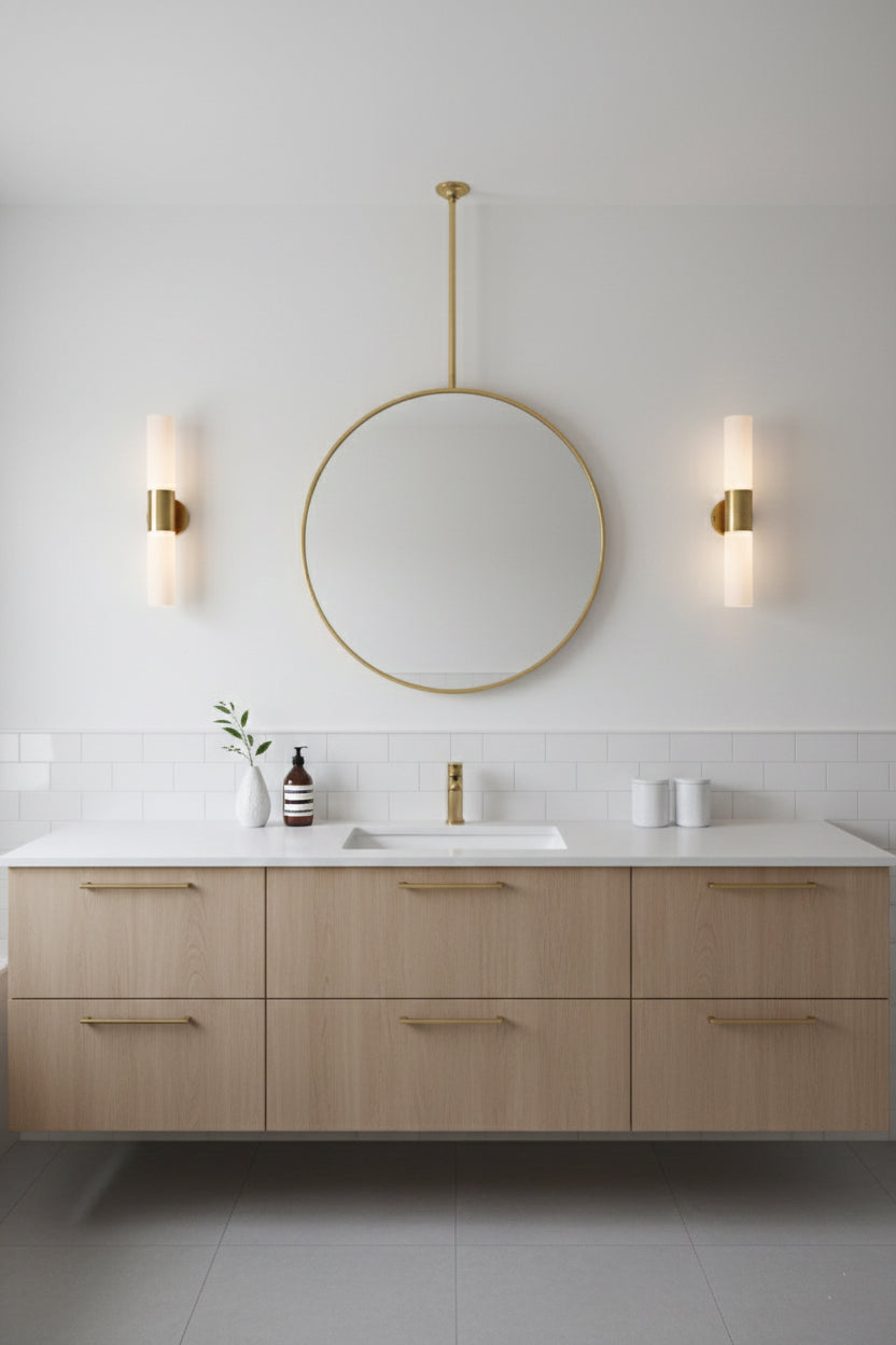Minimalist bathroom with suspended round brass mirror and wood vanity