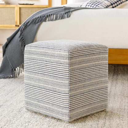 Waterfall Woven Cotton Pouf Comfort And Texture In Ivory And Light Blue