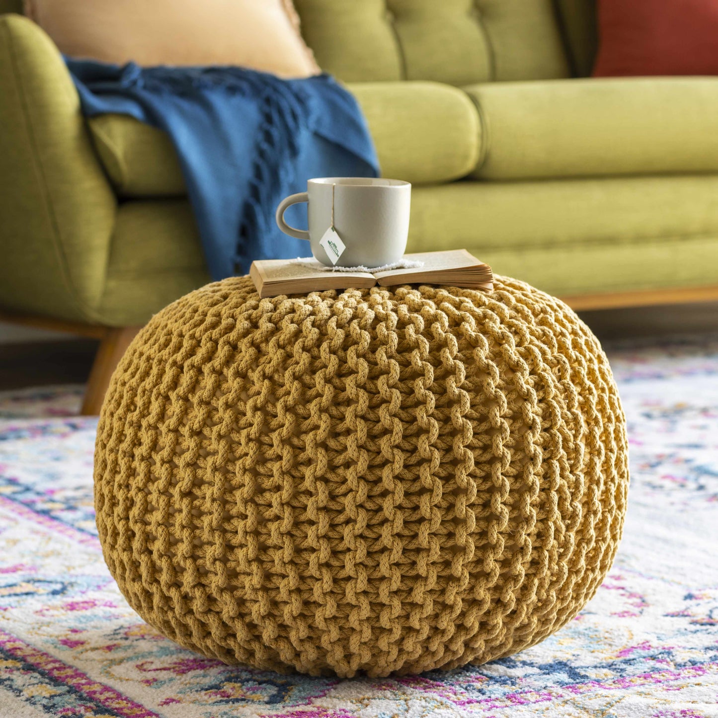 Yablanitsa Knitted Pouf In Mustard Orange For Living Rooms