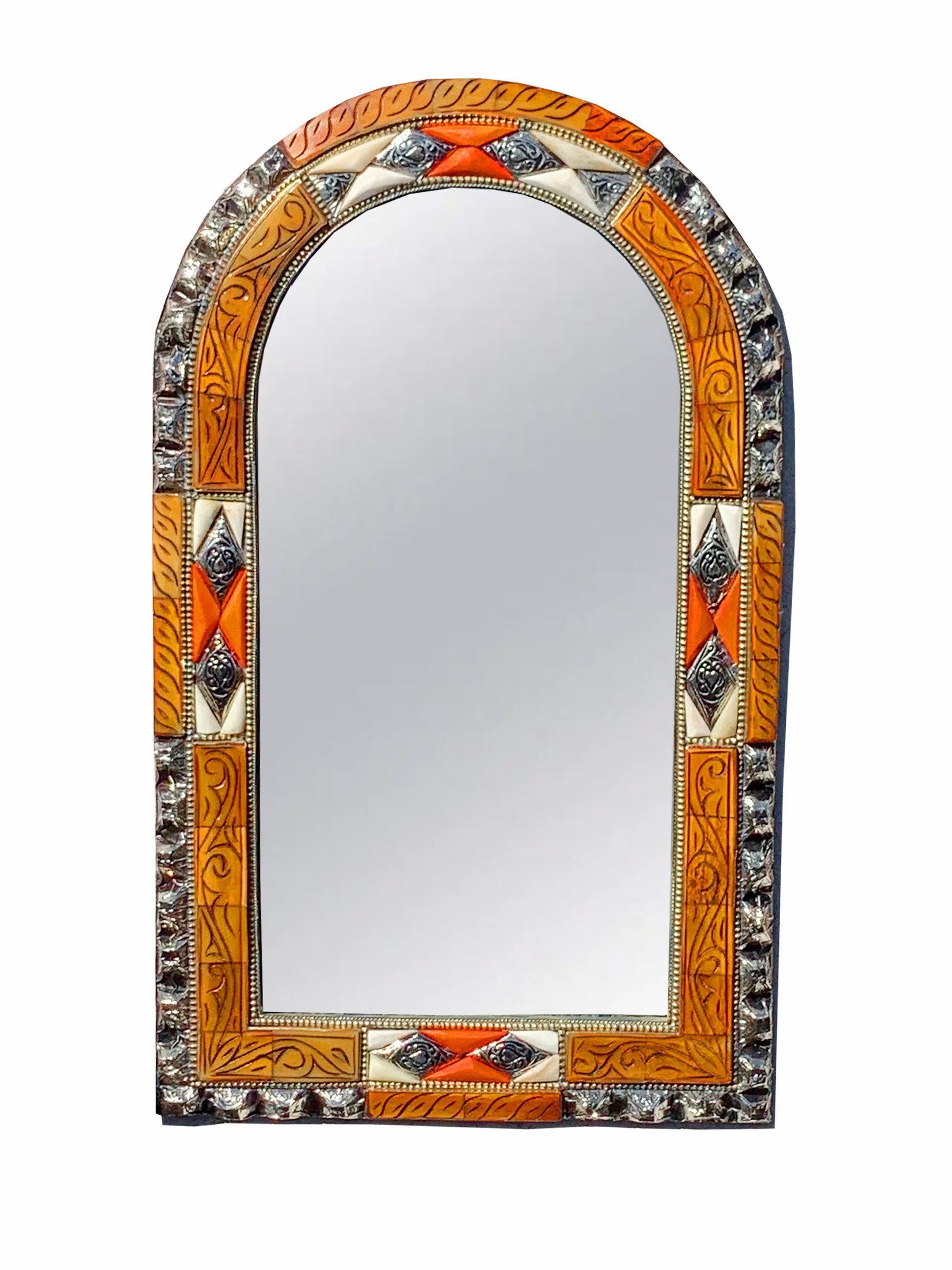 a decorative mirror with an orange frame