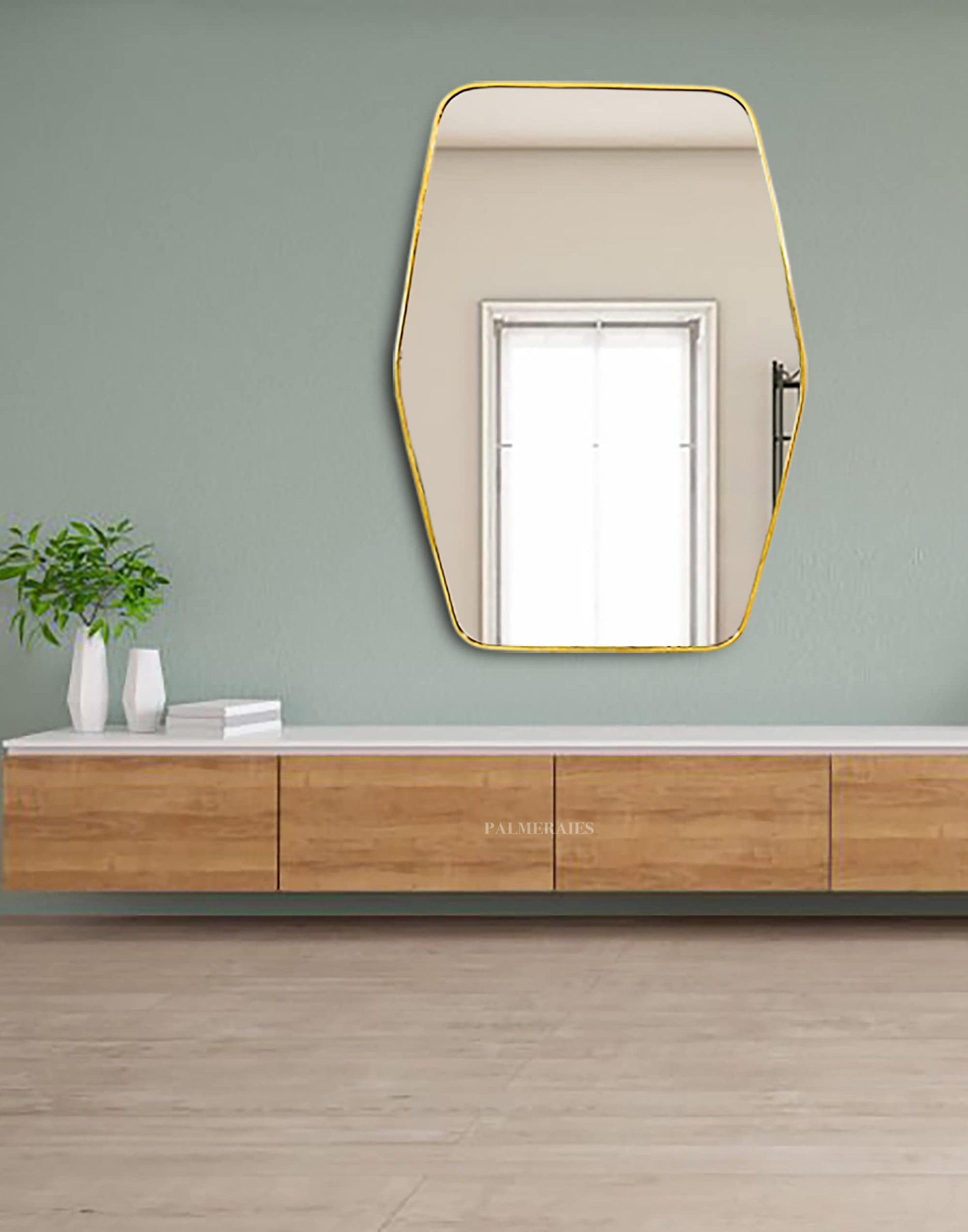 a room with a large mirror and a wooden dresser