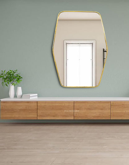 a room with a large mirror and a wooden dresser