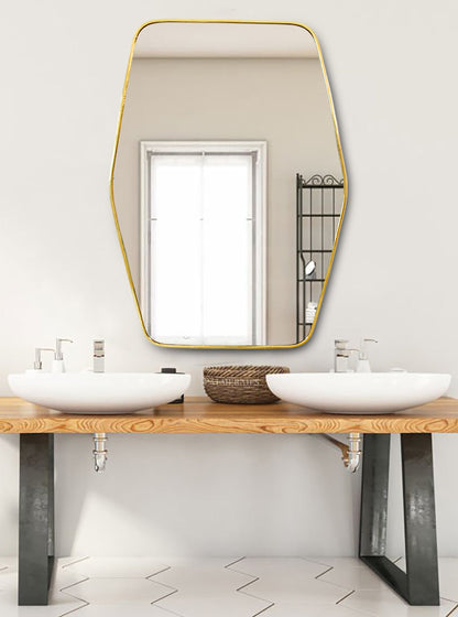 a bathroom with two sinks and a large mirror