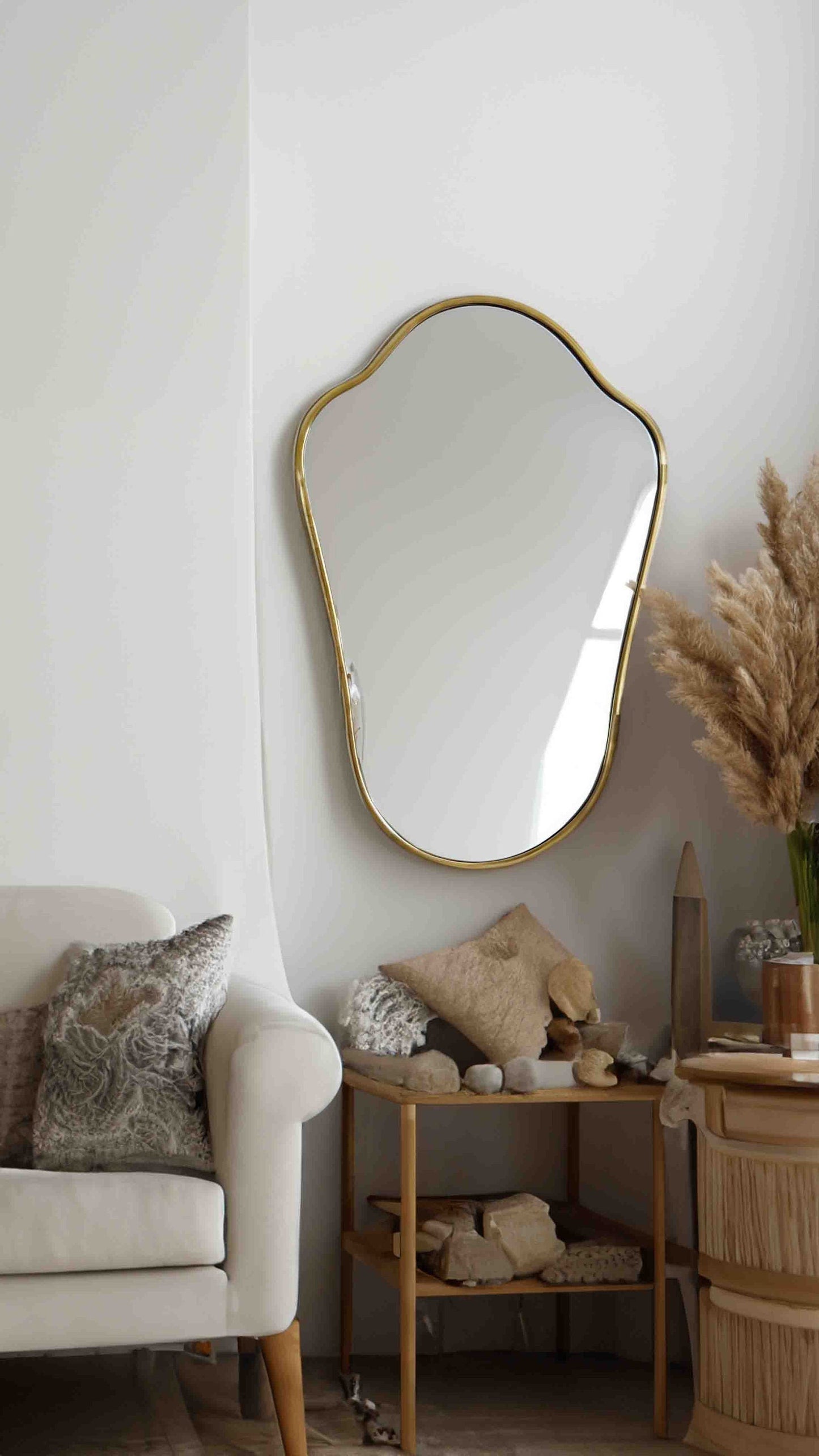Italian Shield Brass Mirror - Antique Unlacquered Brass Mirror
