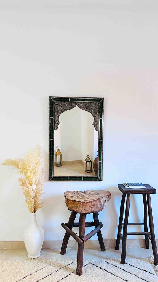 two stools and a mirror in a room